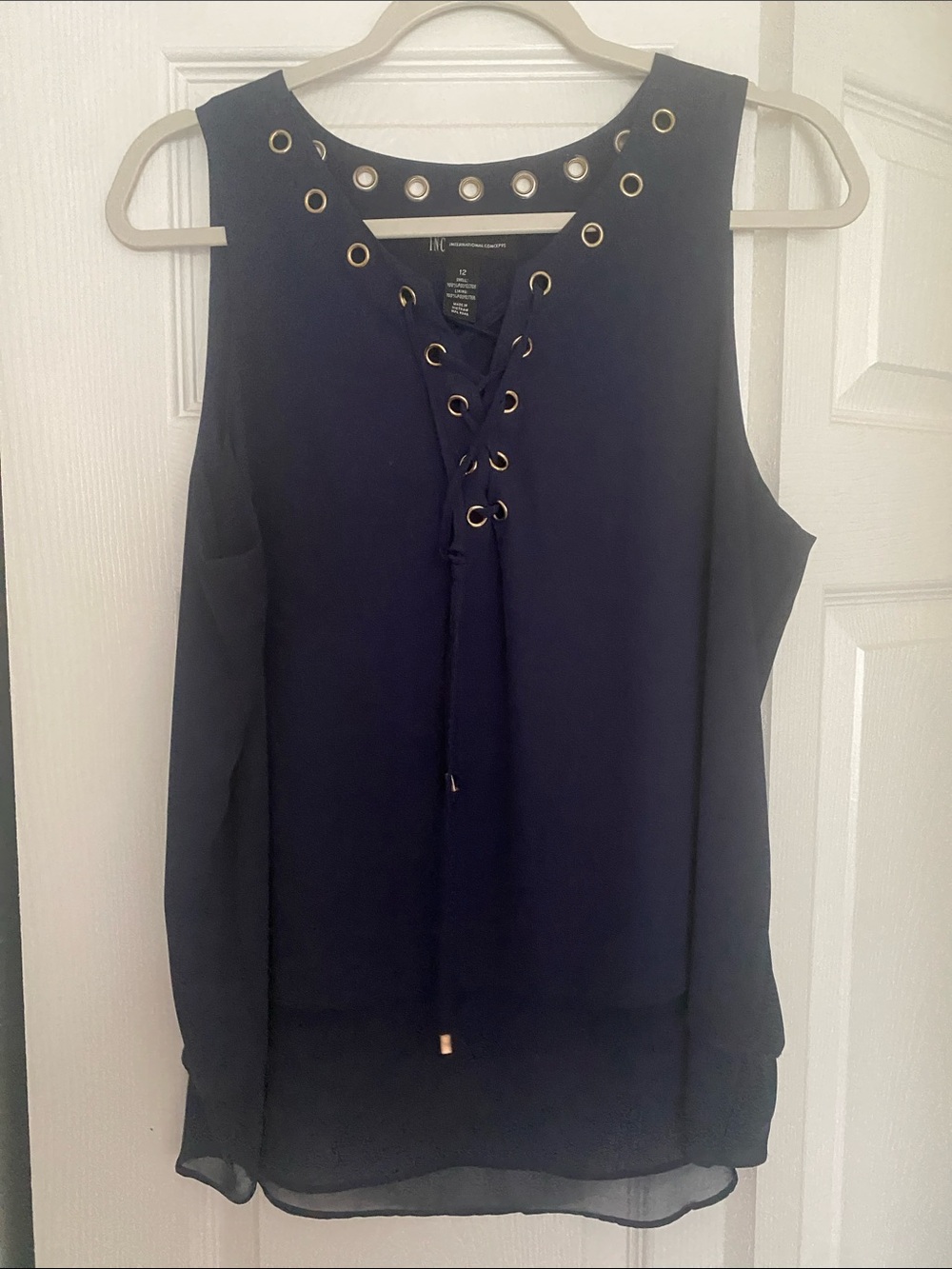 INC International Concepts Navy Sleeveless Lace-Up Eyelet Top